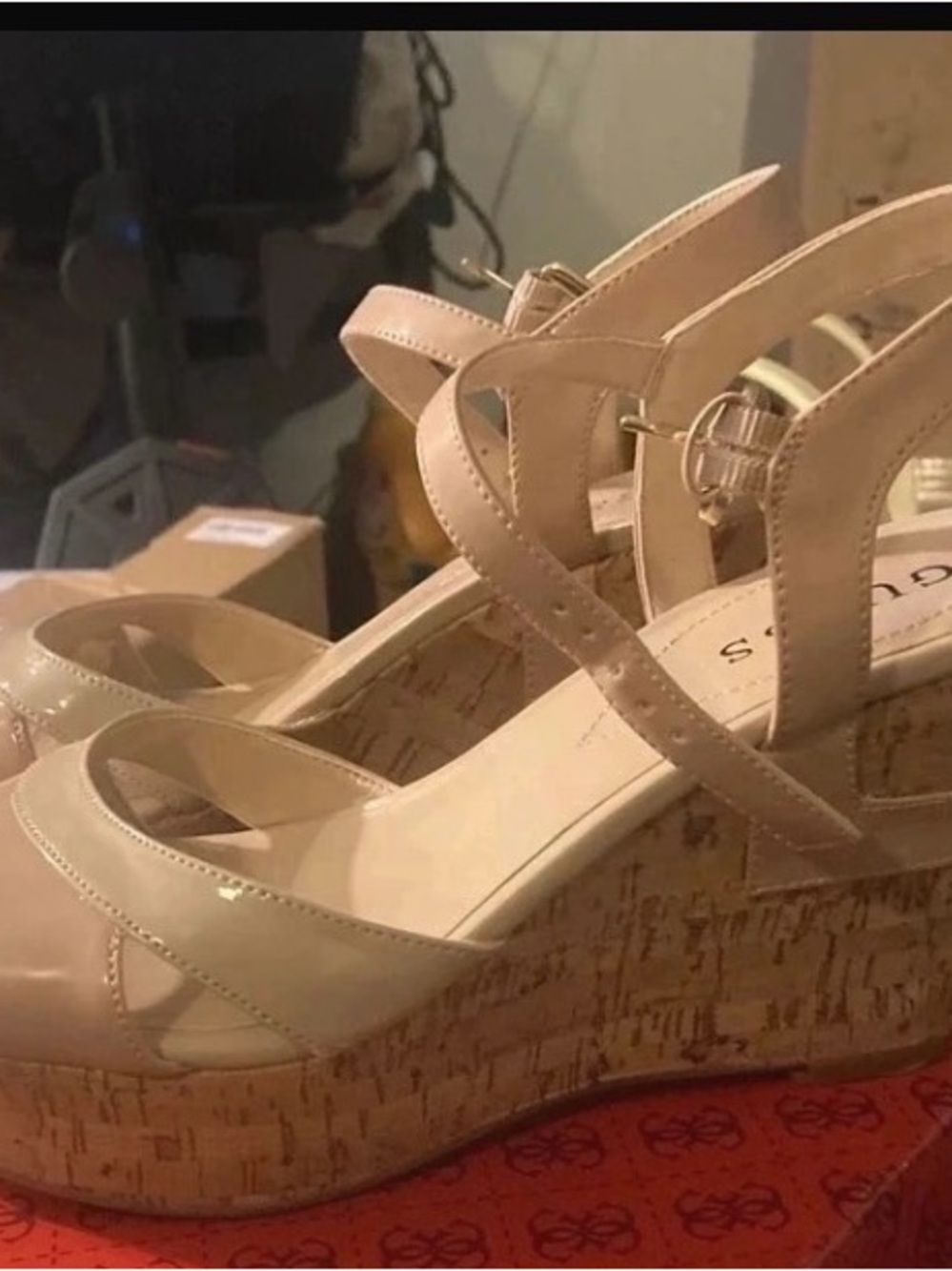 Guess Nude Patent Cork Wedge Sandals